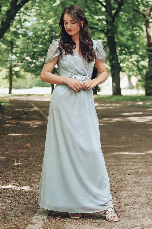 Women's Clothing Apparel Spring Wardrobe Chiffon Cap Sleeve A-Line Long Bridesmaid Dress