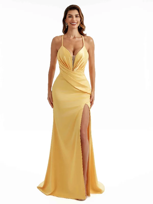 Timeless Women's Outfit Mid - Week Surprise Sexy Side Split Spaghetti Straps Back Criss Cross Mermaid Satin Wedding Guest Dresses