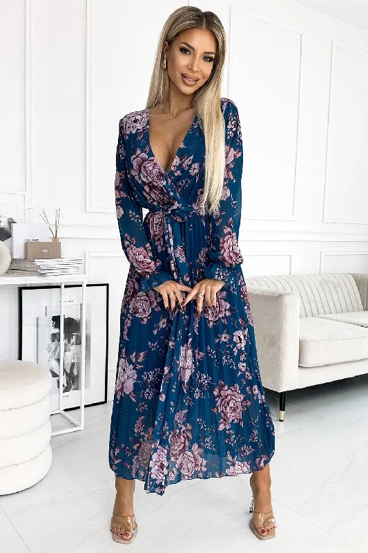 Women's Apparel Budget-Friendly Fashion Numoco Basic 519-3 Pleated chiffon long dress with a neckline, long sleeves and a belt - Blue with flowers