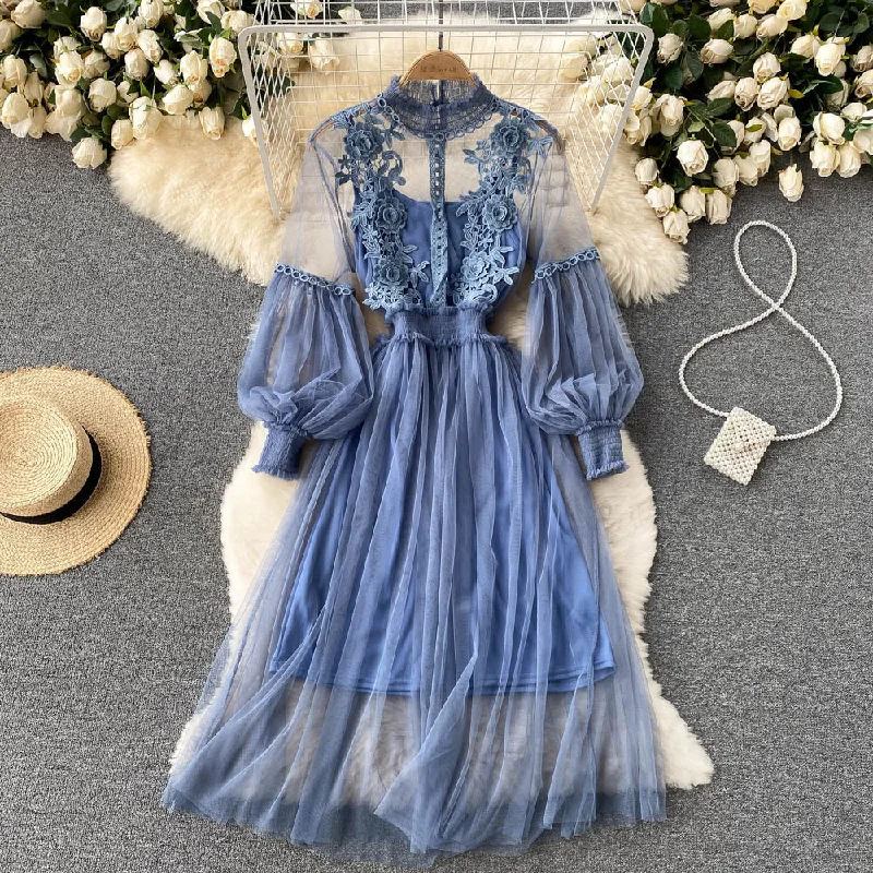 Women's Plus-Size Clothes Budget-Friendly Fashion Cute tulle lace long sleeve dress fashion dress      S211