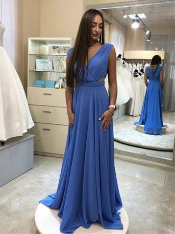 Elegant Women's Evening Garments Best-Sellers V-neck Sky Blue A-line Chiffon Prom Dresses, Long Bridesmaid Dresses