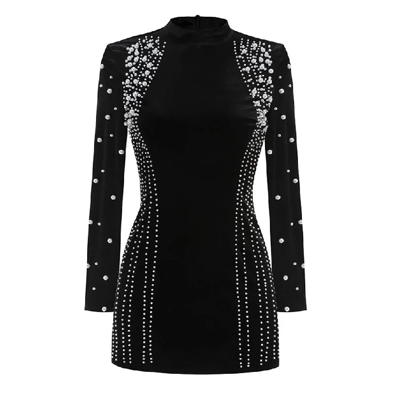 Women's Fashion Clothes Beat The Heat In Tropical Styles Opulent Faux Pearl Embellished Long Sleeve Velvet Bodycon Mini Party Dress