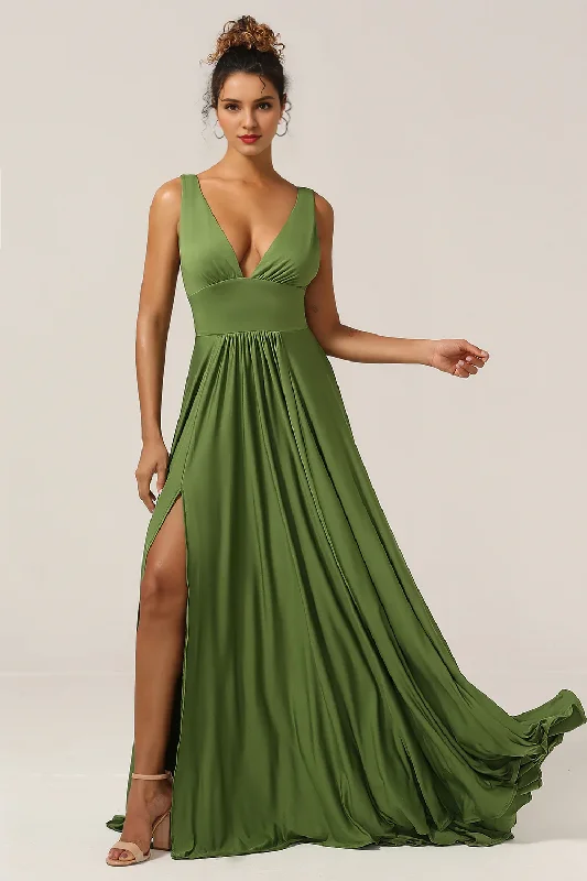 Women's Activewear Garments Wardrobe Refresh Olive A-line deep V-neck spandex and floor length slit bridesmaid dress