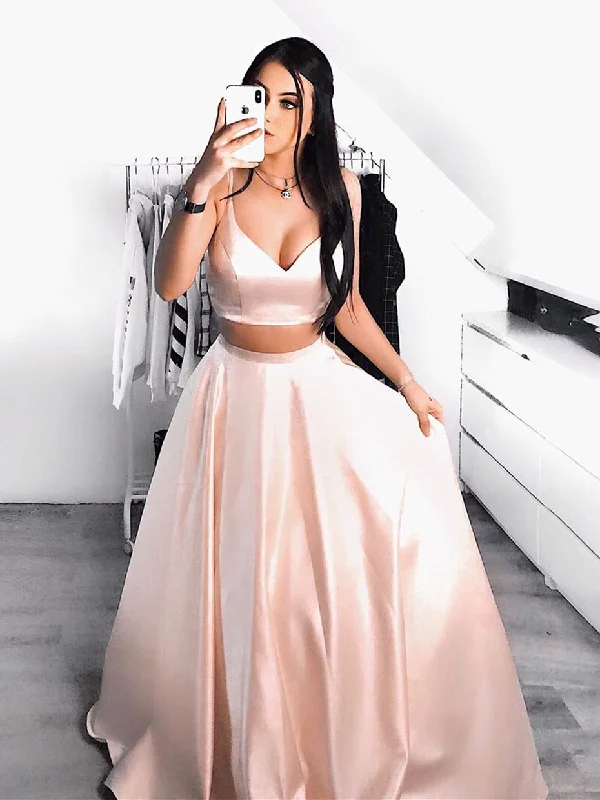 Fashion-Forward Women's Clothing Trendy Styles A Line V Neck Two Pieces Pink Satin Long Prom Dresses, Two Pieces Pink Formal Dresses, Pink Evening Dresses Party Dresses