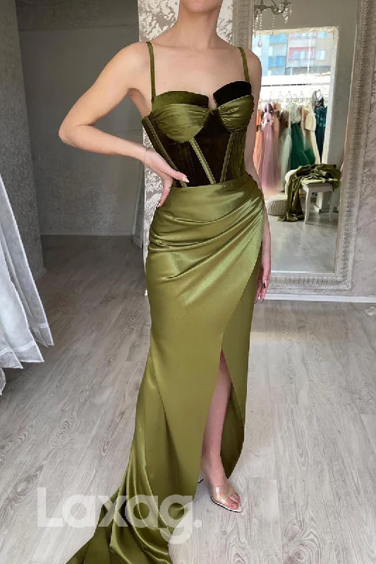 Women's Wardrobe Apparel End Of Season Sale 21778 - Spaghetti Bone Bodice Front Slit Velvet Satin Prom Dress