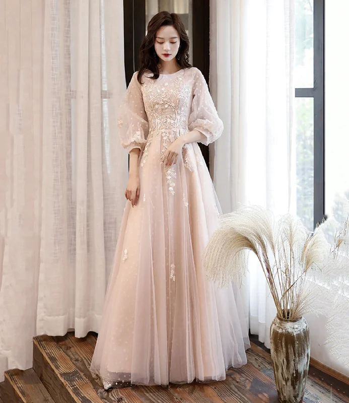 Women's Clothing For Everyday Wear Wardrobe Essentials Pink Elegant Fashion A-line Lace Long sleeves Long Tulle Ball Gown Evening Gown Bridesmaid Dress  10468