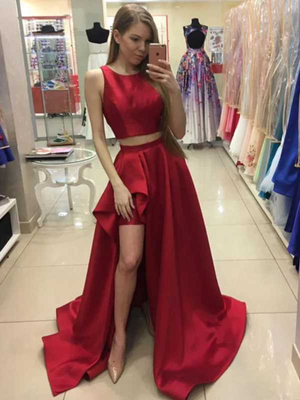 Stylish And Comfortable Clothing For Women Seasonal Fashion Red Round Neck Two Pieces High Low Satin Long Prom Dresses, Red Two Pieces Formal Dresses, Evening Dresses