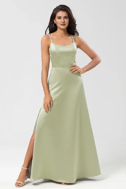 Plus-Size Women's Garments Spring Fashion Dusty Sage A-line thin shoulder strap and floor length slit satin bridesmaid dress