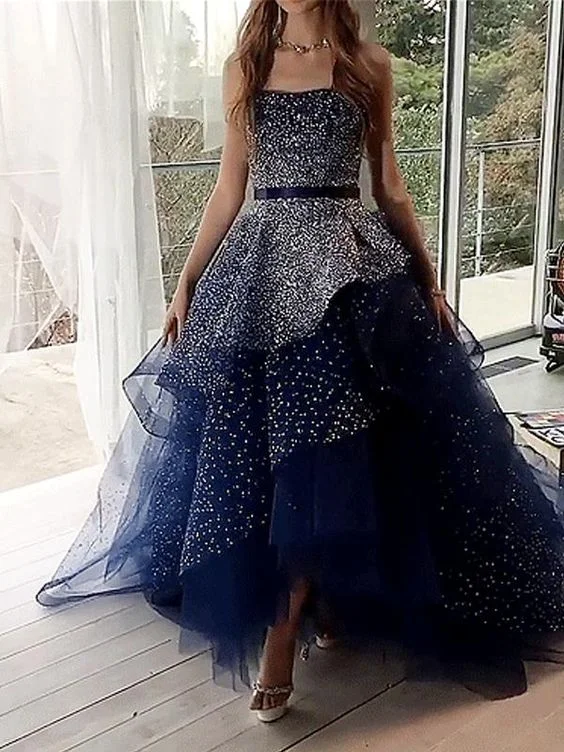 Chic Clothing For Women Trend Alert Navy Tulle Silver Beading Sequin Ball Gown Prom Dresses   cg15501