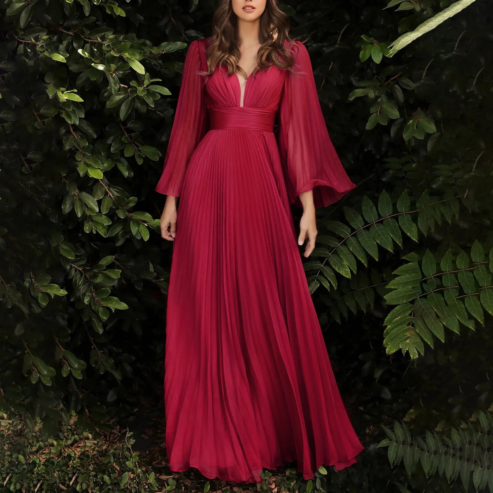 Tailored Clothing For Women Mid - Week Surprise JuliaFashion - Elegant Solid Color Deep V Flare Long Sleeve Maxi Chic Evening Party Dress